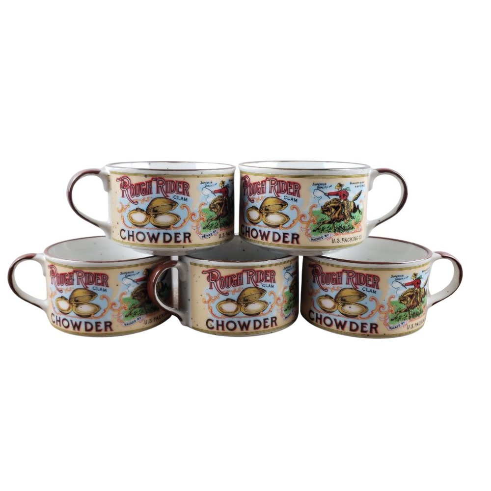Rough Rider Clam Chowder Fabled Labels One Handled Mug Bowl 1992 Archives Set 5